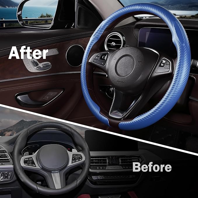 Car Steering Wheel Cover Carbon Fiber Snap On Steering Wheel Accessories Wrap 14.5-15 inch Universal Grip Anti-Skid Protector, Matte Blue