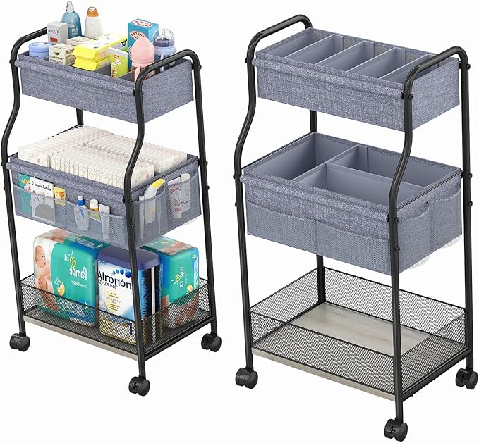 3-Tier Baby Diaper Caddy Organizer and Storage Cart, Mobile Metal Utility Cart with Rolling Wheels for Nursery Essentials wit