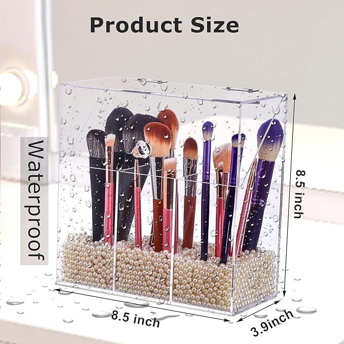 Acrylic Makeup Brush Holder with Lid - Clear Cosmetic Makeup Brush Organizer and Storage Box with Cover for Vanity - Large Ca