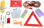 Roadside Car Emergency Kit - First Aid Set, Jumper Cables, Tow Strap, LED Flash Light, Rain Coat, Tire Pressure Gauge, Safety