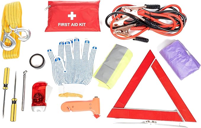 Roadside Car Emergency Kit - First Aid Set, Jumper Cables, Tow Strap, LED Flash Light, Rain Coat, Tire Pressure Gauge, Safety