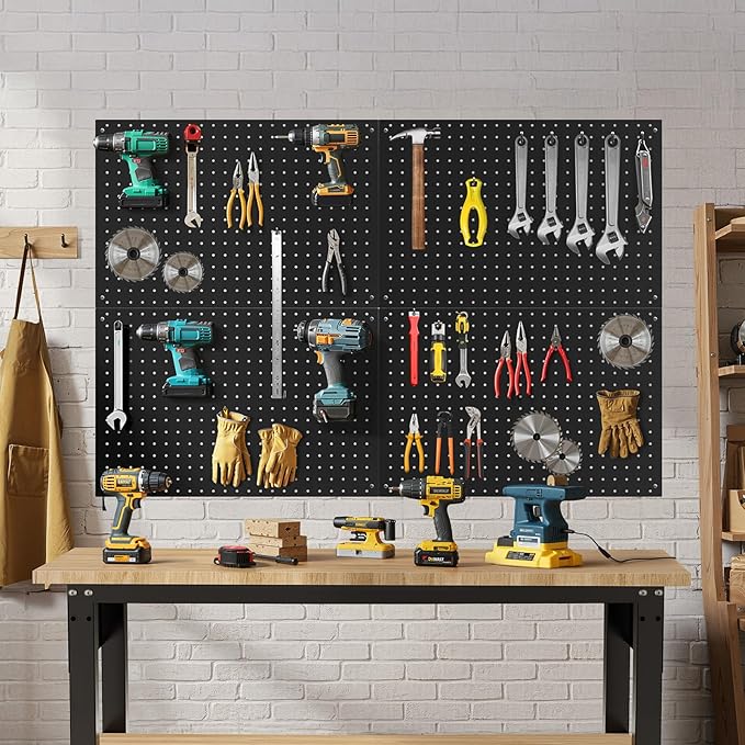 Peg Board, 4 Pack Metal Pegboard Panels Black Pegboards Wall Organizer with Frame Large Heavy Duty Peg Board with Hooks for W
