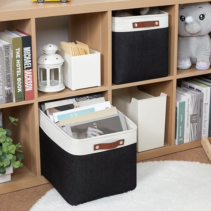 HNZIGE Decorative Organizer Baskets for Shelves 16"×11.8"×11.8" Large Storage Bins with Leather Handles (2 Pack) Foldable Sto