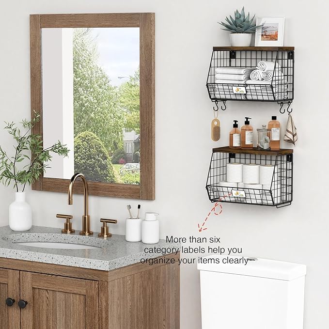 Goozii Hanging Wall Fruit Basket for Kitchen Counter 2 Pack, Stackable Wire Baskets for Organizing with Wood Lid, Potato and 