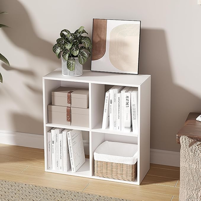 Cube Storage Organizer,Wood Organizer with Open Back,2 Tier Bookcase,Open Bookshelf for Home Office Living Room (White, 4-Cub