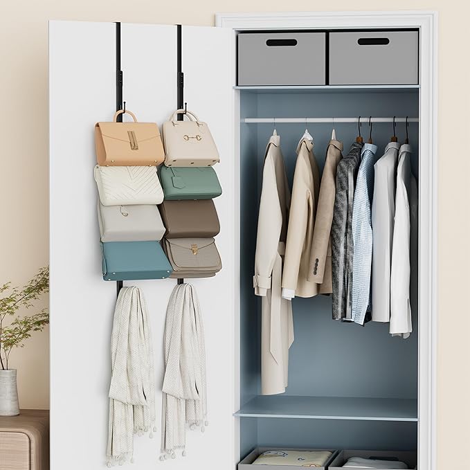 SWTYMIKI Over The Door Purse Organizer - 2 Packs Wall Mounted Purse Rack with 8 Hooks Design, Hanging Handbag Organizer Stora