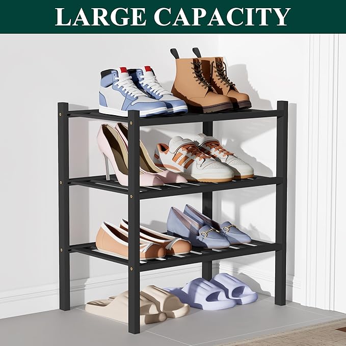 Smiry Bamboo Shoe Rack for Closet, 3 Tier Small Wooden Stackable Shoe Organizer, Free Standing Shoes Storage Shelf for Entryw