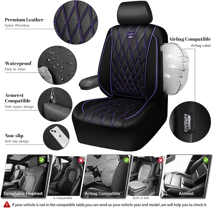 CAR PASS Piping Luxury Faux Leather Two Front Car Seat Covers, Waterproof Anti Slip Premium Automotive Seat Covers,Universal 