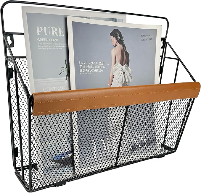 Leather-Accented Wall File Holder, Art Deco Wall-Mounted Magazine Rack, Hanging Mail Organizer, Metal Wire Hanging File Organ