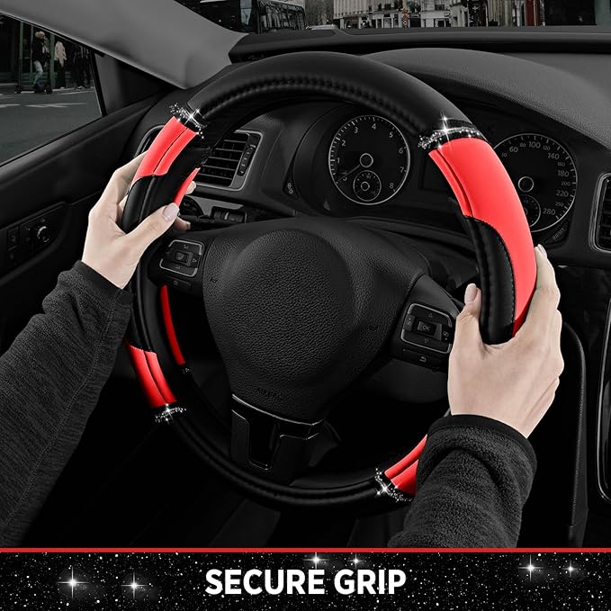 Road Comforts Leather Steering Wheel Cover - Made with PVC Leather - Anti-Slip, Universal Fit 14 1/2 inches to 15 inches - Re