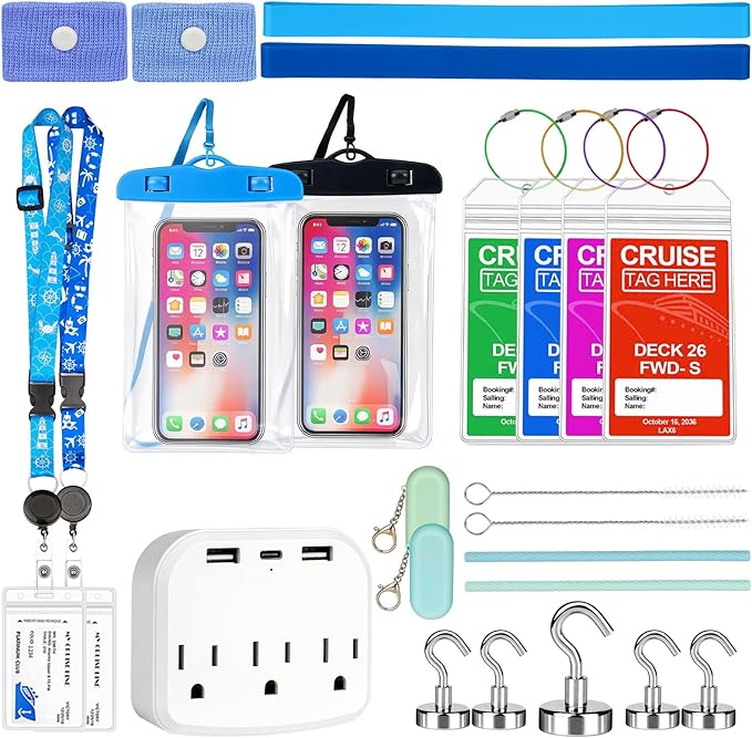Cruise Essentials 2026-22 Pcs Cruise Must Haves Kit with Cruise-Safe Non-Surge Power Strip, Magnetic Hooks, Luggage Tags, Lan