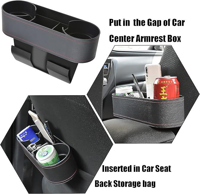 Iokone Coin Side Pocket Console Side Pocket Leather Cover Car Cup Holder Auto Front Seat Organizer Cell Mobile Phone Holder (Slim-Black)