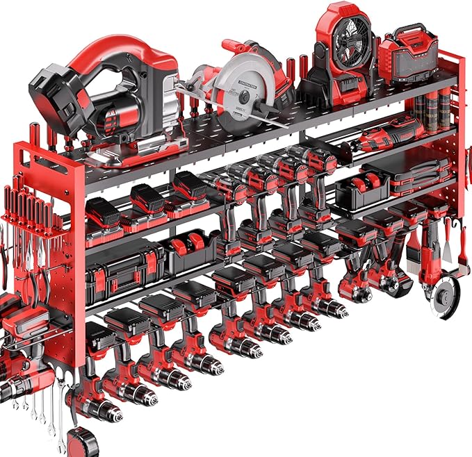 49.8" W Super Large Power Tool Organizer Wall Mount,4-Layer Heavy Duty Tool Storage with 18 Cordless Drill Holder,600 lb Capa