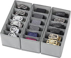 3 Packs Fabric Belt Organizer for Closet and Drawer, Foldable 6 Grids Dresser Drawer Organizers, Belt Tie Holder, Tie Box-Gre