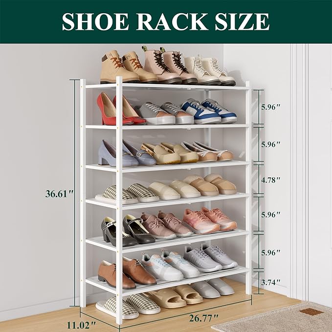 Smiry Bamboo Shoe Rack 6-Tier, Stackable Wooden Shoe Organizer for Entryway & Closet, Free Standing Wood Shoe Storage Shelf f