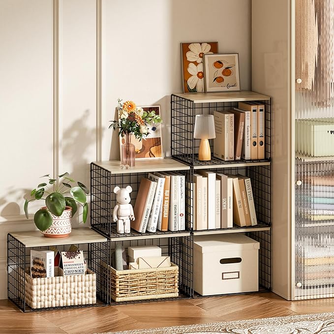 Extra-Long Closet Organizers and Storage with Top Board, 3 Pack Stackable Closet Shelf Organizer, Double Storage Design Cloth