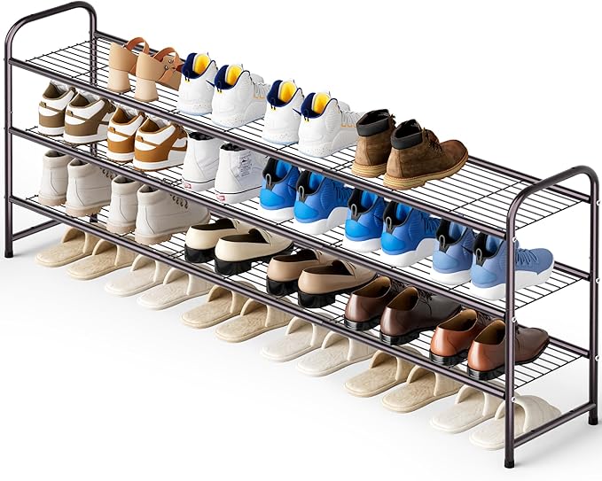 KEETDY Long 3 Tier Shoe Rack for Closet Wide Shoe Storage Organizer Stackable Metal Shoe Shelf for 24 Pairs Men Sneakers with
