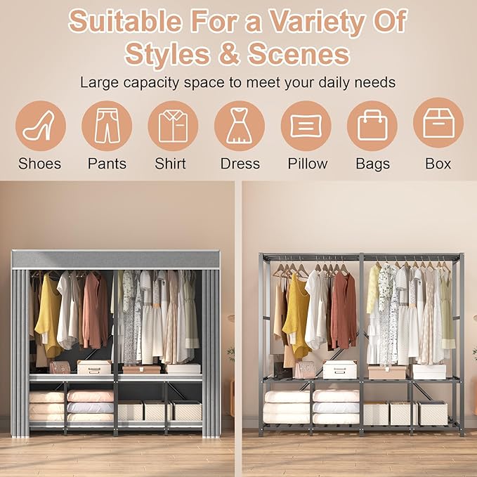 Foldable Wardrobe Closet, Clothes Rack with Cover for Bedroom, Portable Metal Closet Organizer, Thick Steel Tubes, Heavy Duty