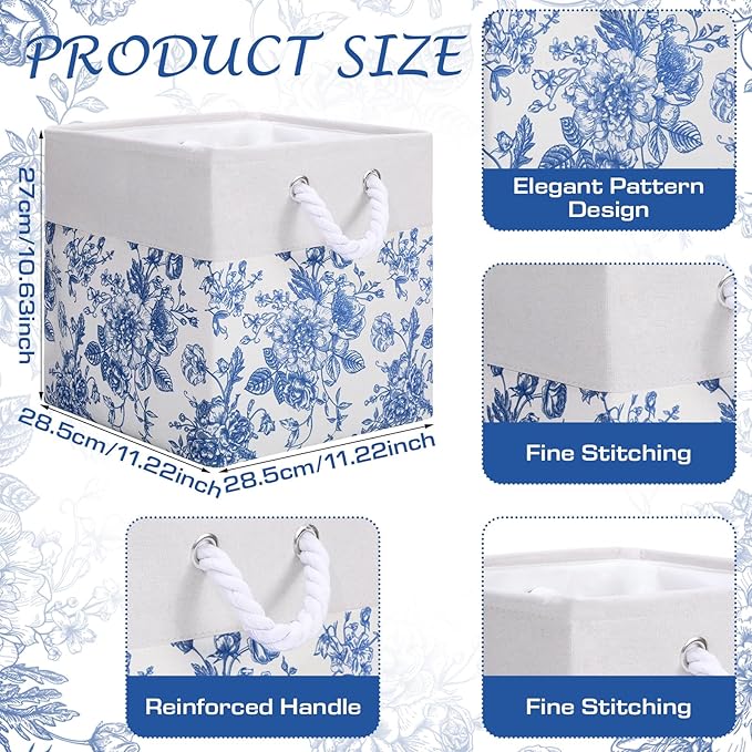 LemonRoad 6 Pcs Blue Floral Cube Storage Bins 11.22 Inch Square Storage Basket with Handle, Preppy Girls Organizer Basket, Co