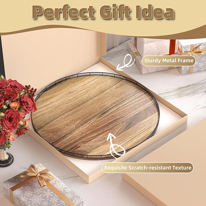 Acacia Wood 24" Lazy Susan Turntable Organizer for Table Top, Farmhouse Extra Large Round Lazy Susan for Serving Kitchen Coun