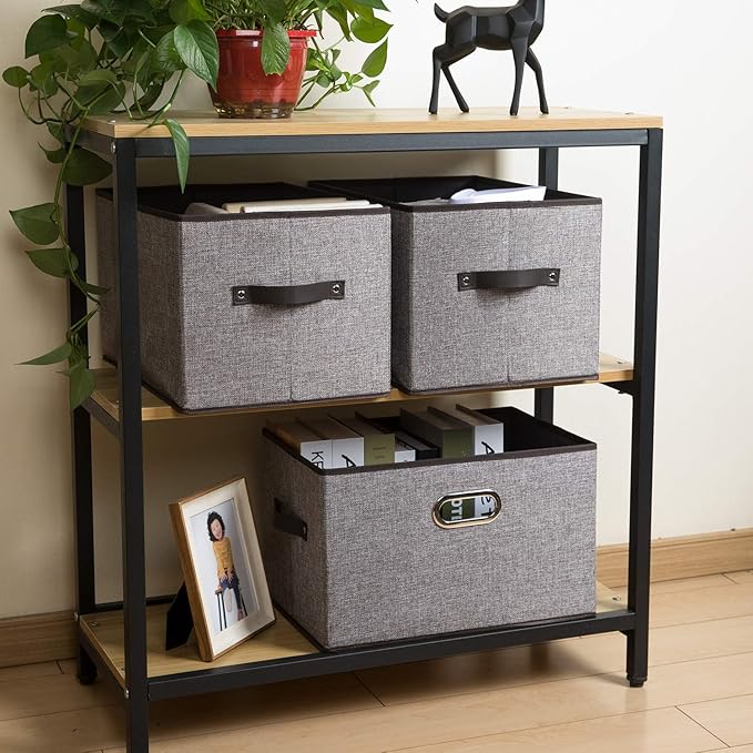 PRANDOM Larger Collapsible Storage Bins for Closet [3-pack] Decorative Linen Fabric Storage Baskets Cubes with Leather/Metal 