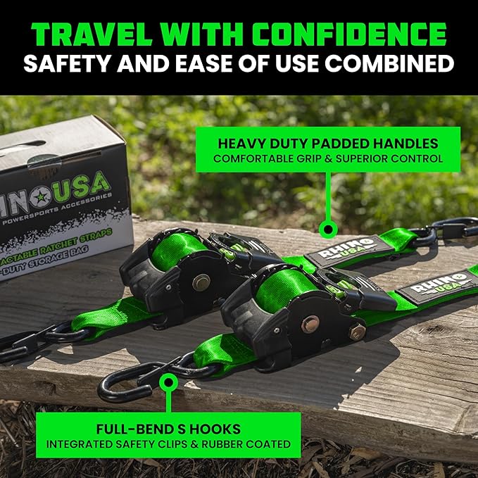 Rhino USA Retractable Ratchet Straps (2-Pack) - 2 Inch x 10 Feet (3,033lb Break Strength) - Heavy Duty Auto Self Retracting Tie Down Straps for Truck, Cargo Trailer, Motorcycle, Rad & More - Green