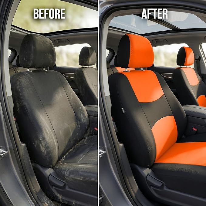 FH Group Bright Flat Cloth Full Set Automotive Seat Covers Front Set and Rear Solid Bench Orange Black Seat Covers w. Gift Un
