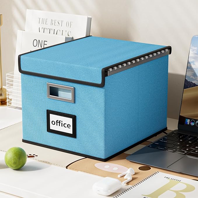 Huolewa File Organizer Box with Lid, Collapsible File Folder Organizer for Office Document Storage, Filing Box with Plastic S