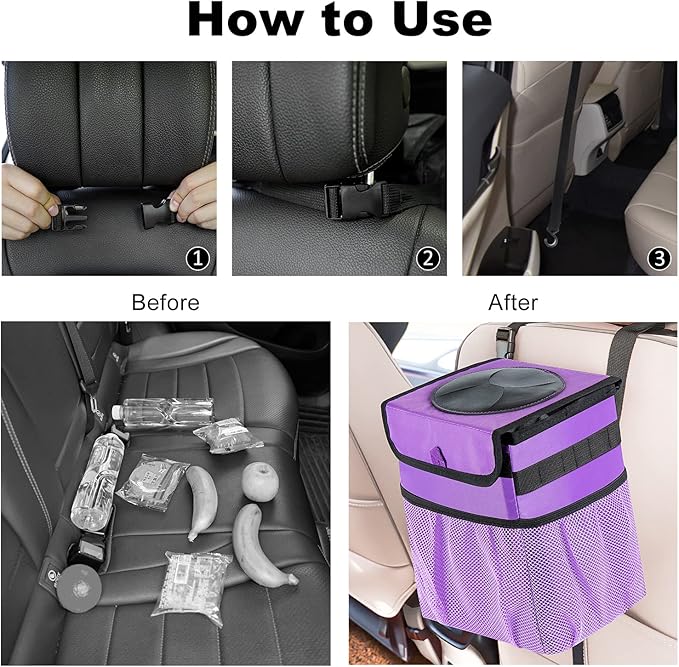 Car Trash Can Foldable Garbage Bin Leakproof 2.3 Gallons Car Trash Bag Purple