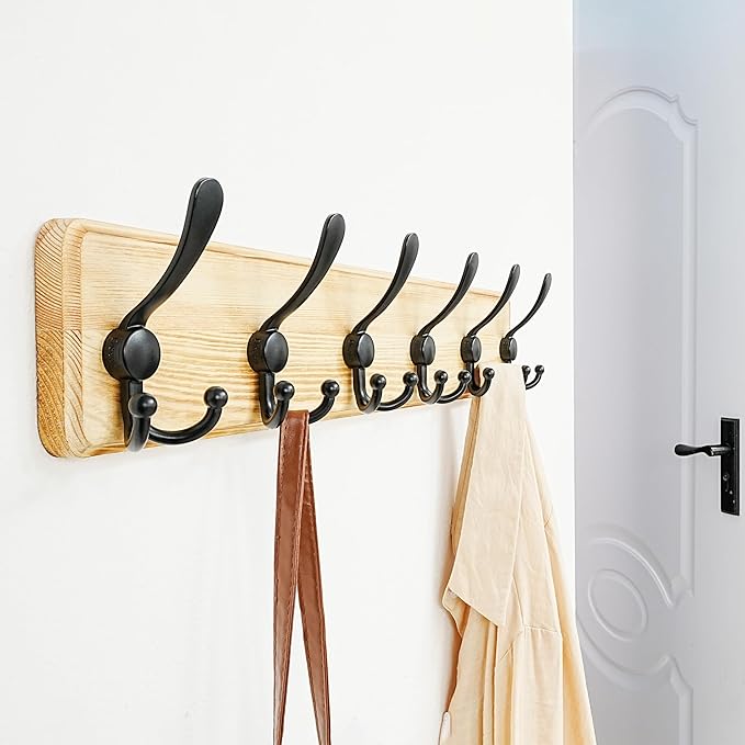 Dseap Coat Rack Wall Mounted - 24" Long 6 Tri Hooks, Heavy Duty Wooden Wall Coat Hanger Coat Hook for Clothes Hat Jacket Clot