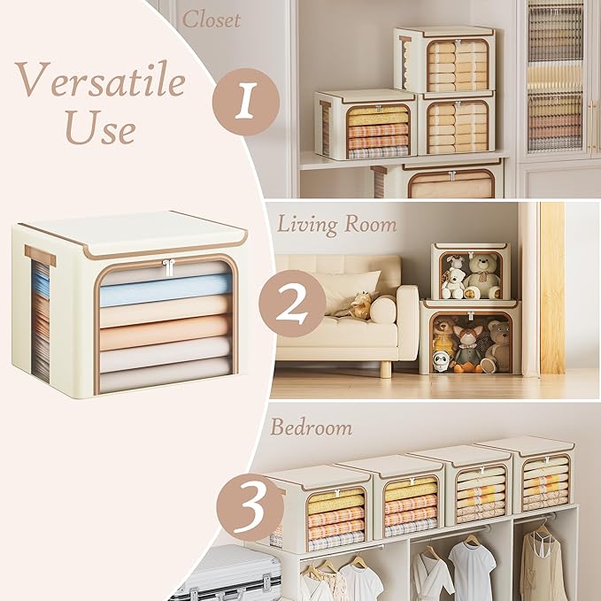 Yecaye Clothes Storage Bins with Metal Frame, Foldable Clothing Storage Bin with Lid, Stackable Oxford Fabric Organizer Box W