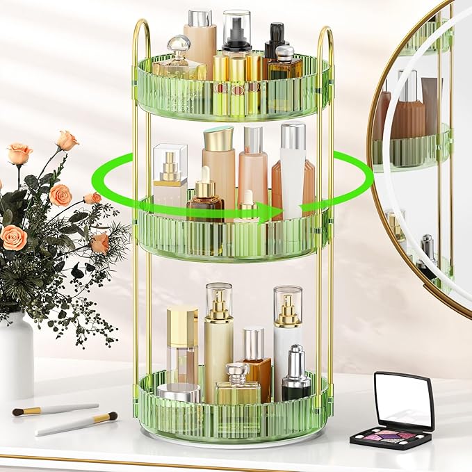 MOKANI 360 Rotating Makeup Organizer for Vanity, 3 Tier Adjustable Perfume Organizer for Dresser, Multi-Function Spinning Cos