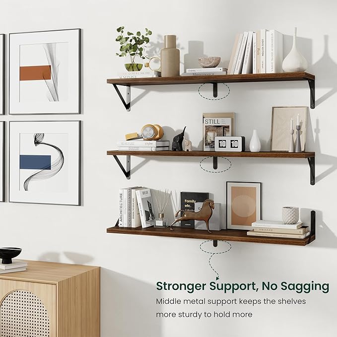Floating Shelves, 8 Inch Deep Rustic Wood Wall Storage, 16W x 8D Wall Shelves Set of 2, Heavy Duty Metal Brackets, Industrial