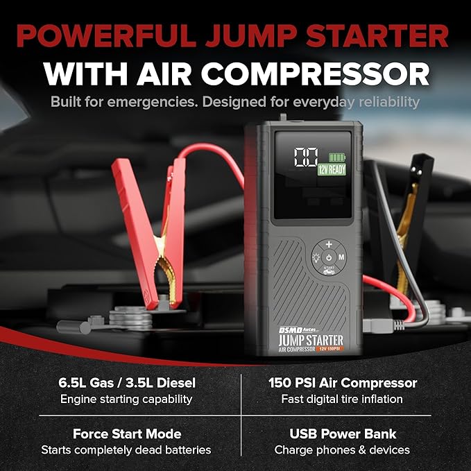 Jump Starter with Air Compressor, Portable Car Battery Jump Starter, 150 PSI Tire Inflator & Battery Booster - Starts
