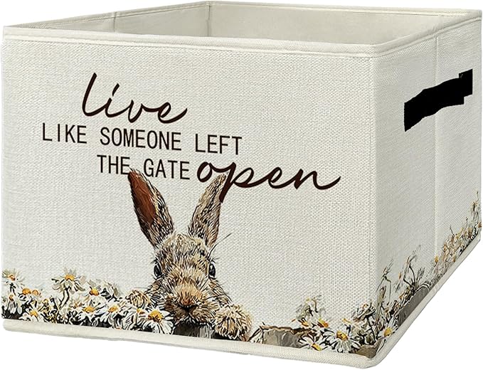 Rustic Bunny Storage Bins & Boxes with Handles, Farmhouse Rabbit Foldable Basket for Organizing, Live Like Someone Left the G