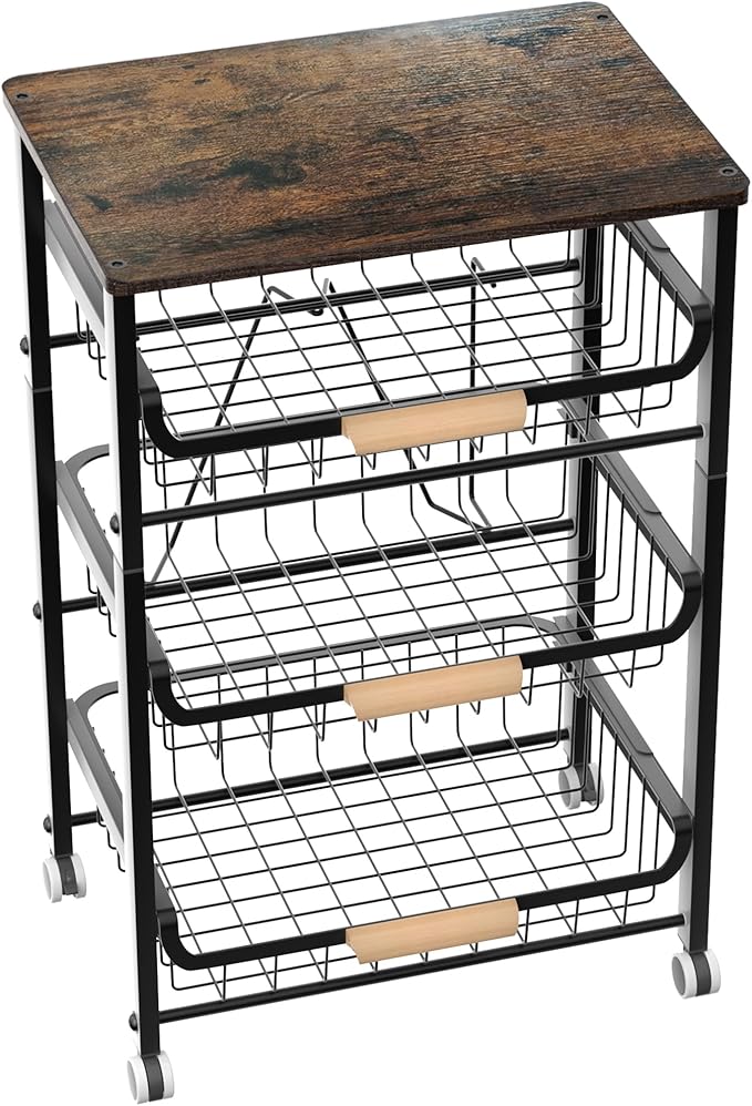 NiuYichee 4-Layer Fruit Basket Kitchen Food Organizer and Rack, Stackable Storage Cart with Desktop, Pull-Out Hollow Metal Ba