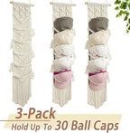 jontell Cap Holder-3 Pack-Hat Organizer for 30 Baseball Caps, Macrame Hat Rack for Wall, Cap Rack for Decoration and Display,