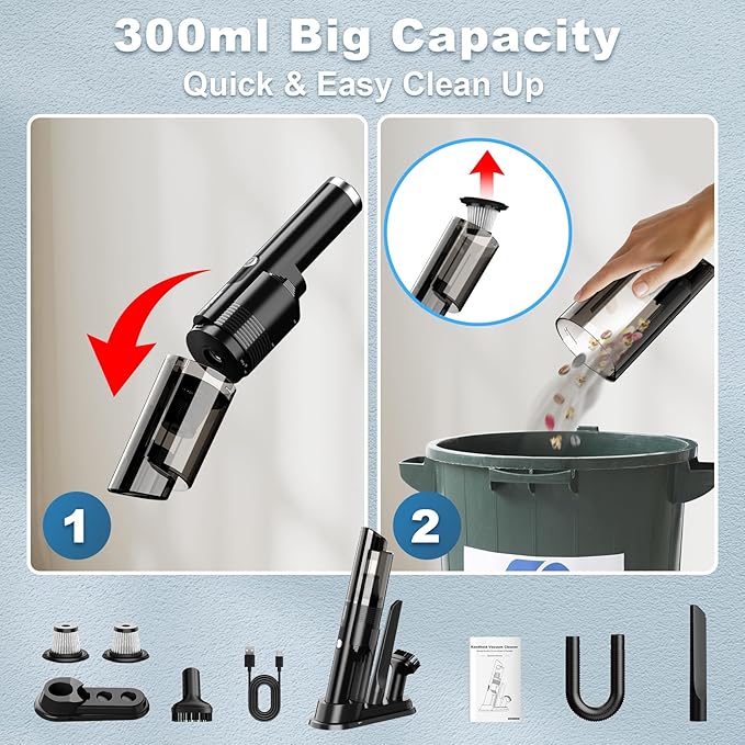 Handheld Vacuum Cordless,10KPA Powerful Suction Car Vacuum with 2-Speed, Vacuum Cleaner with Charging Dock, Portable Lightwei