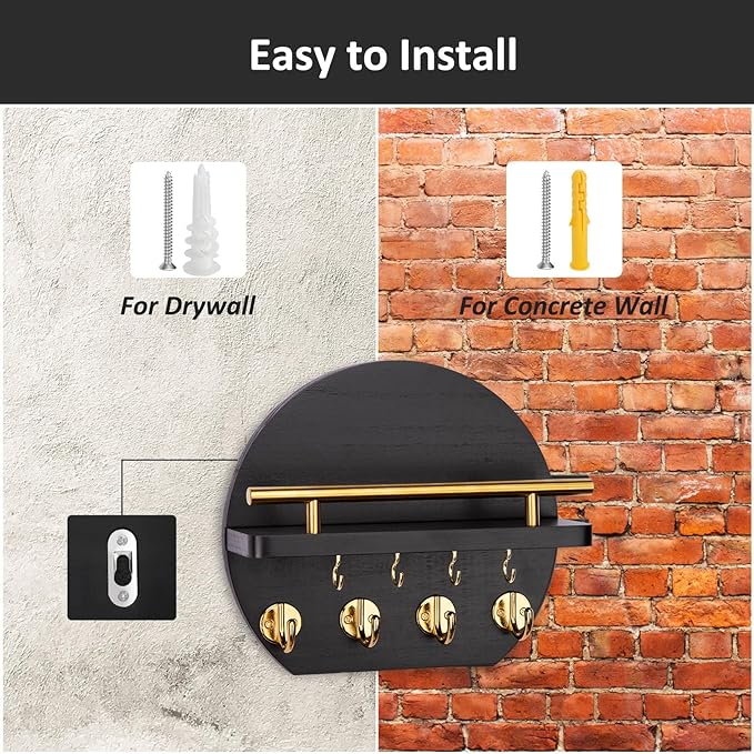 Nekon Key Holder for Wall - 9.8 Inch Apartment Wall Decor with Shelf and 8 Key Hooks, Circular Wood Key Hanger for Home Decor