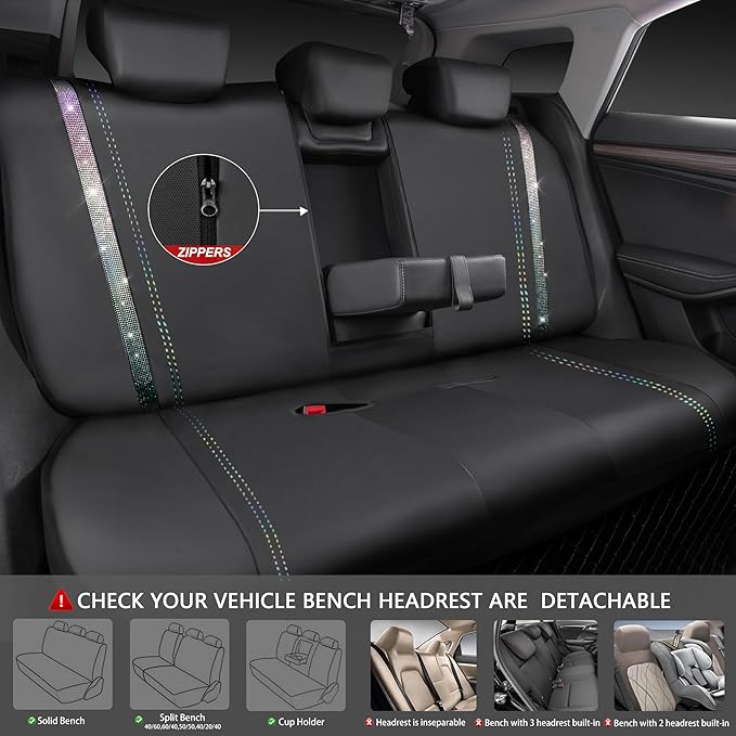 CAR PASS Bling Diamond Car Seat Covers Full Set, Shining Rhinestone Waterproof Faux Leather, Rear with Zipper, Universal Fit Automotive Glitter Crystal Sparkle Strips for Cute Women Girl,Muticolor