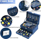 QBestry 3-Layer Jewelry Box for Women with Lock and Key & Drawer, Large Jewelry Organizer with 8 Necklace Hooks & 56 Earring 
