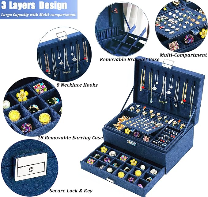 QBestry 3-Layer Jewelry Box for Women with Lock and Key & Drawer, Large Jewelry Organizer with 8 Necklace Hooks & 56 Earring 