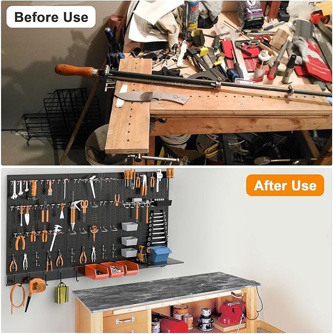 TORACK Metal Pegboard Wall Organizer System for Garage, 109PCS Kit with Pegboard Bins, Hooks, Peg Locks, Black Steel