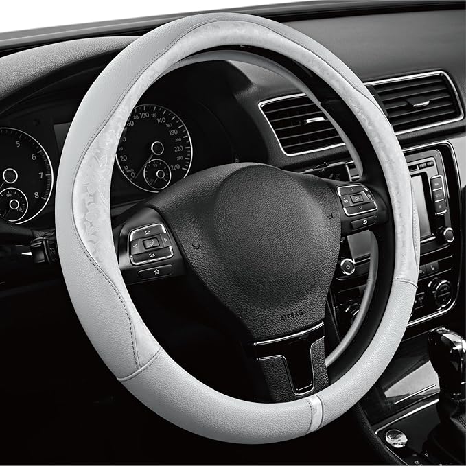 PIC AUTO Steering Wheel Cover, Silver Patterned Leather Patchwork Design, Universal Fit 14.5"–15.5", Anti-Slip, Odor-Free, So