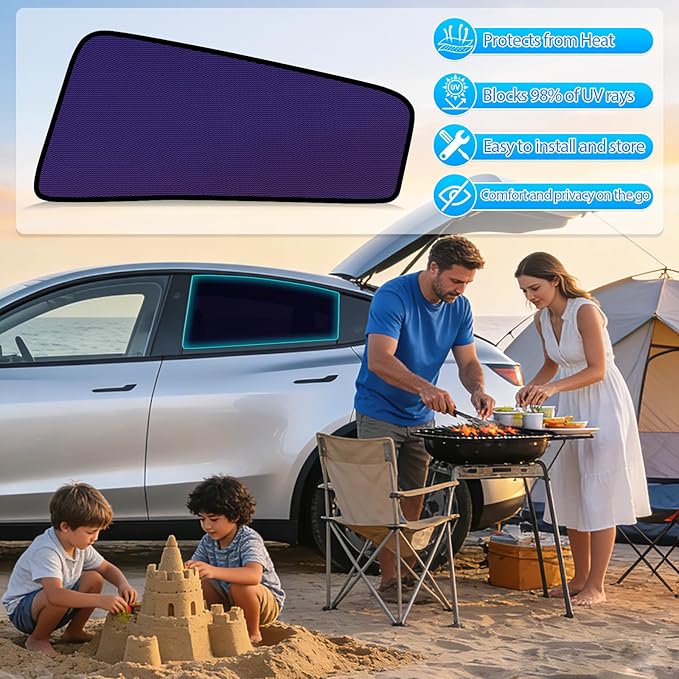 ZATOOTO Tesla Model Y Rear Car Window Shades | Bluish-Purple Static Cling Car Sun Shade | Enhanced Sun Filtering & Heat Reduction | Specific for Frameless Doors | Car Window Shade for Baby & Passenger