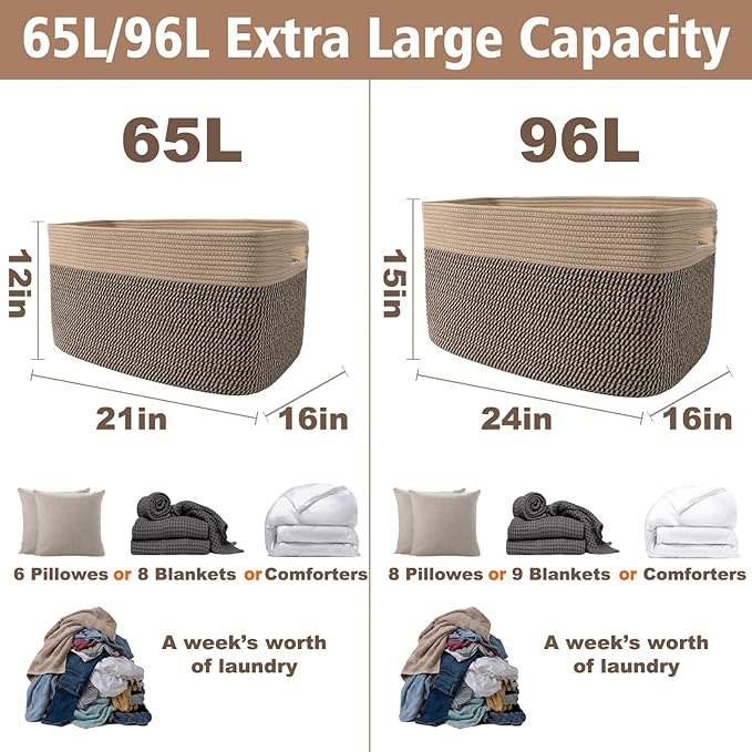 JMvicyroam Woven Blanket Basket,96L Large Storage Bin for Blankets Toys Clothes,Decorative Rope Basket for Living Room Bedroo