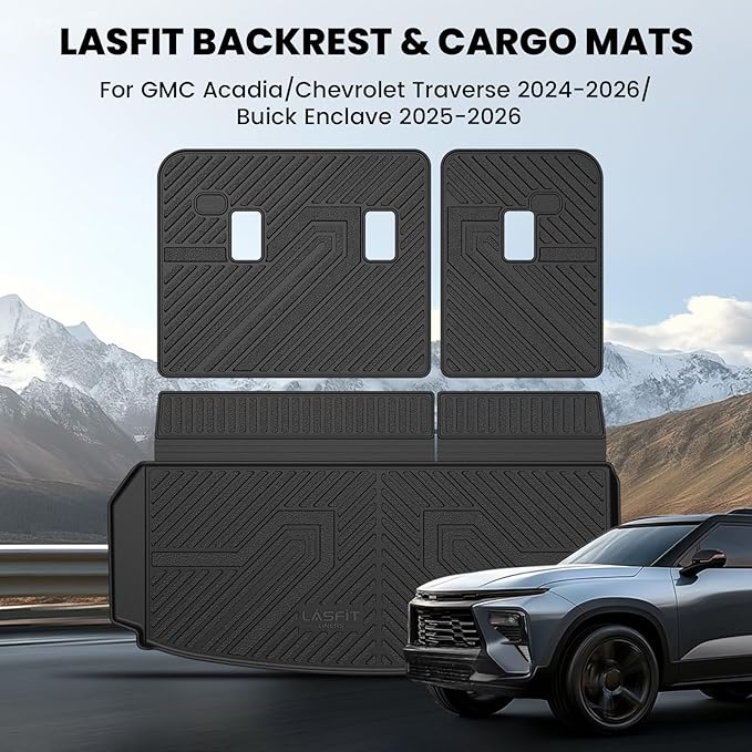 LASFIT Trunk Mat with Backrest Mat for Chevrolet Chevy Traverse 2024-2026 & GMC Acadia 2024-2026 & Buick Enclave 2025-2026, All Weather TPE Custom Fit Cargo Mat Trunk Liner with Backrest Mat, Black