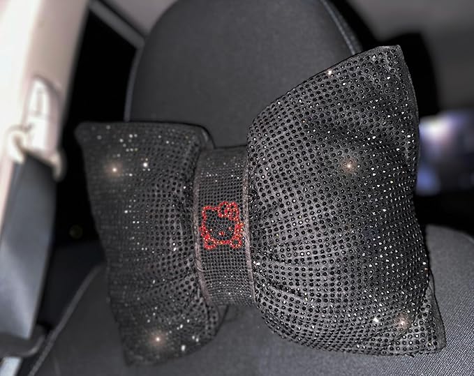 Fashion Car Ultra Bling Steering Wheel Cover with Sparkly Diamond Rhinestones, Gorgeous Accessory with Anti Slip Lining Extra Bling Especially Shiny Cat Exotic Universal (Headrest Black)
