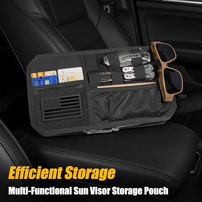 Car Sun Visor Organizer, Tactical Sunvisor Organizers Storage Covers for Trucks, Molle Panel with Pockets Zipper Visor Storage Pouch Accessories, Fits Most Vehicles, SUVs & Jeeps (BK)