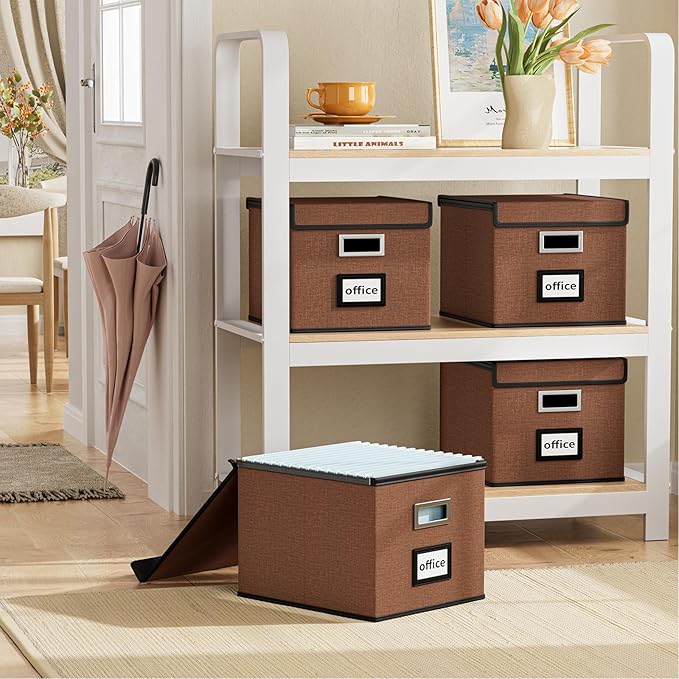Huolewa Upgrade Portable File Organizer Box with Lid,Large Linen Hanging Office Document Storage Box with Lid,Collapsible Fil